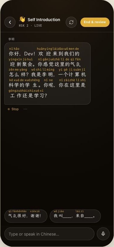 Immersive Chinese AI conversation connected to the SlashHanzi backend